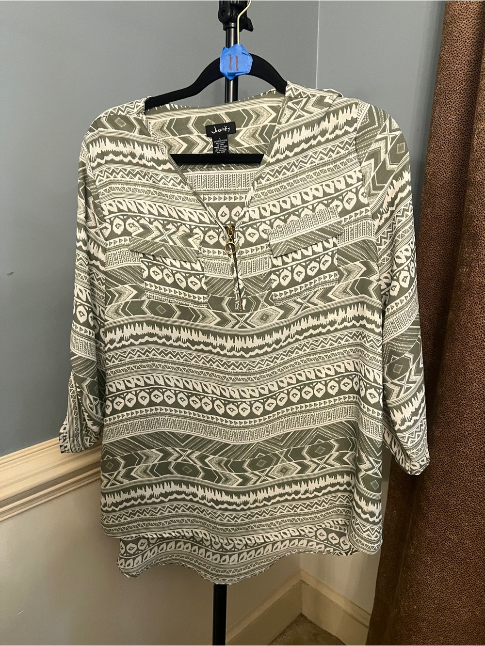 Justify Olive & White Geometric Print Tunic Top